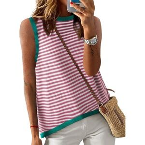 Dokotoo Striped Color Block High Neck Tank Top Loose Knit High Low Sleeveless